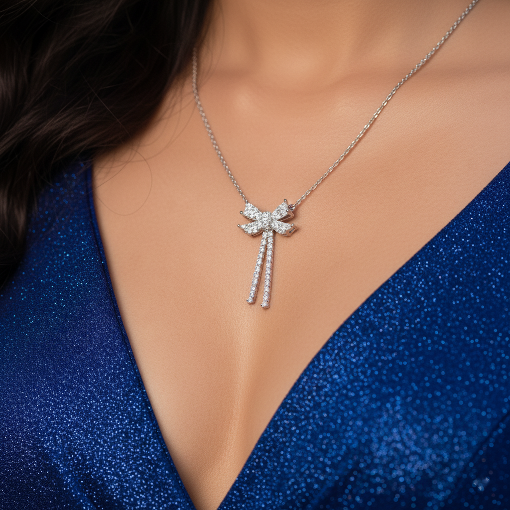 Manihaari Anti-Tarnish Silver AD-Studded Bow Necklace