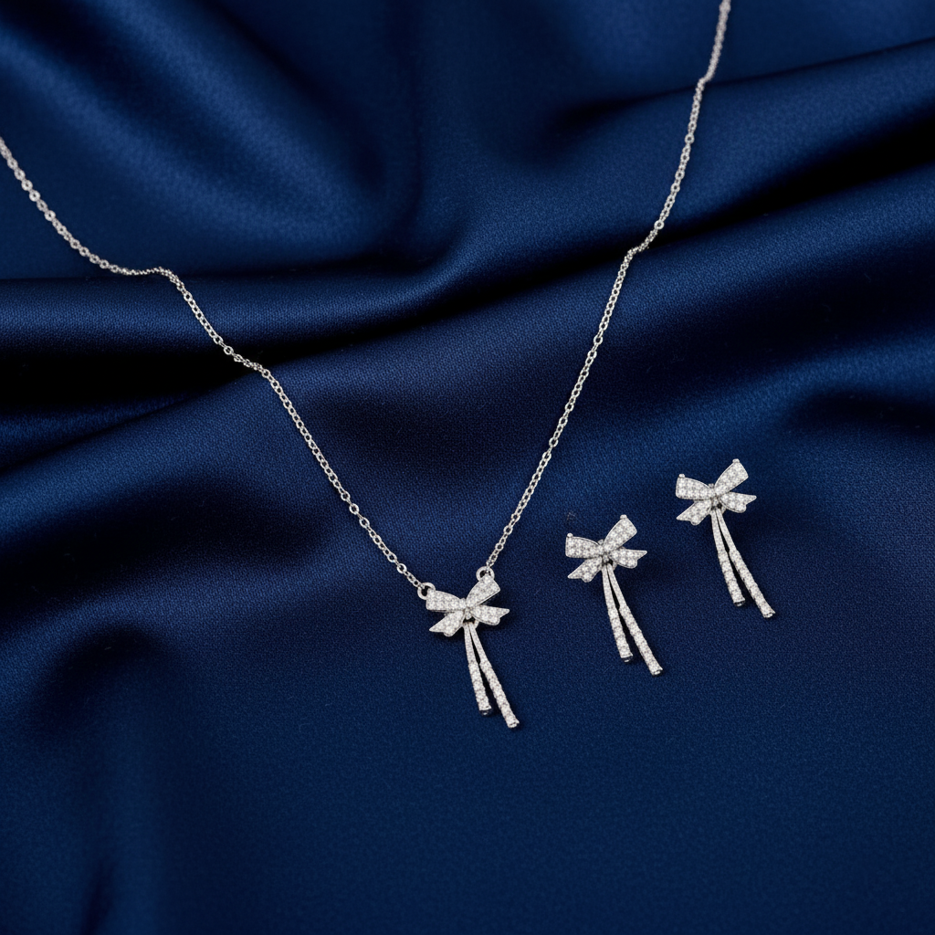 Manihaari Anti-Tarnish Silver AD-Studded Bow Necklace